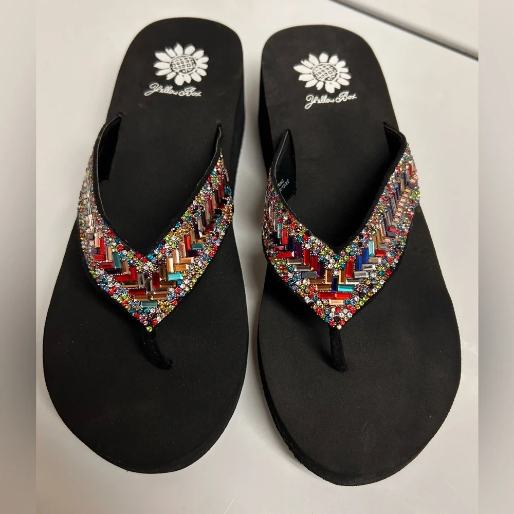 Yellow Box Black Wedge Flip Flops with Multicolor Beaded Straps - Picture 2 of 4
